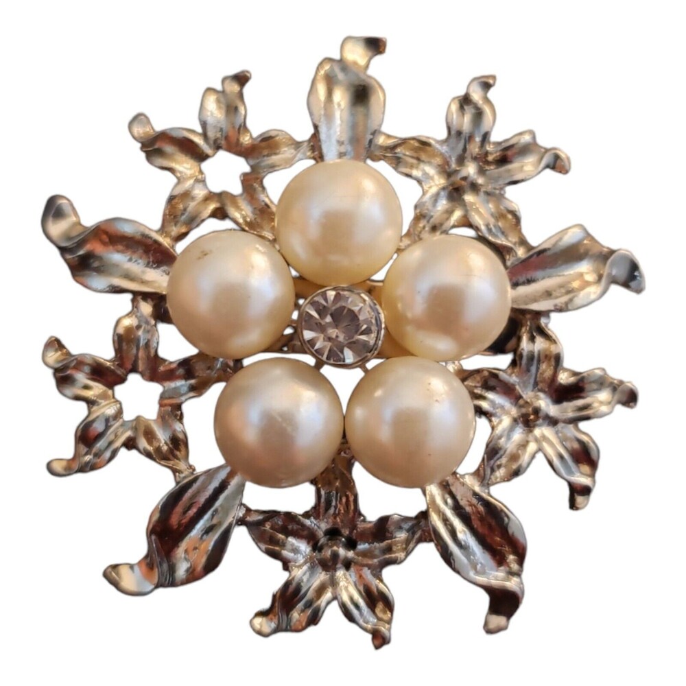 Vintage Silvertoned Rhinestone and Pearl Brooch Pin Sun
